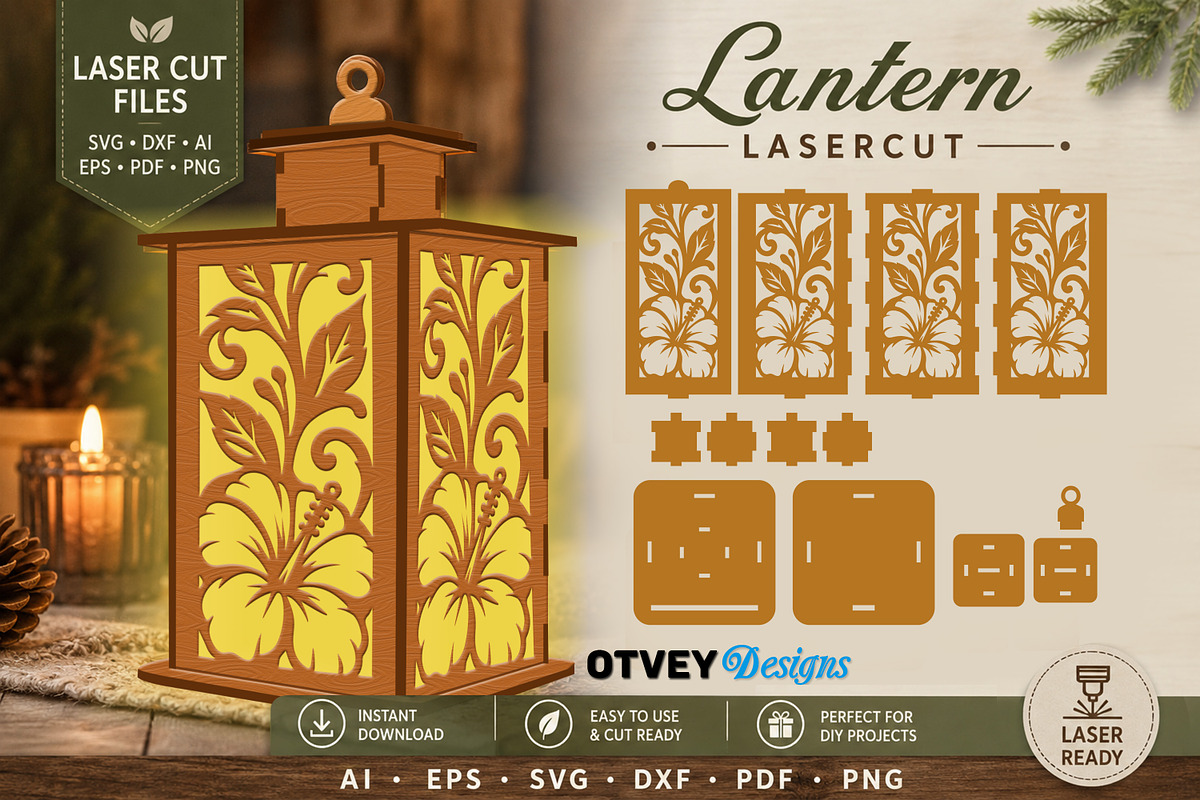 Floral Lantern SVG Bundle Laser Cut, a Decorative Illustration by OTVEY DESIGN (Photo 6 of 14)