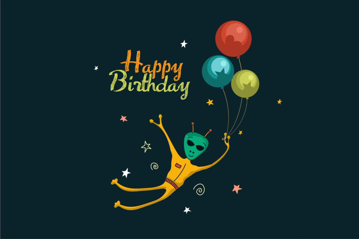 Alien with balloons. Birthday card, an Illustration by logika 600