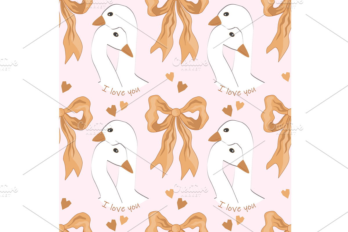 Bows and Goose in love cute seamless, an Animal Illustration by Toltemara