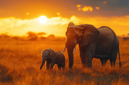 Elephant Family at Sunset: A heartwa, an Animal Photo by Pixeness