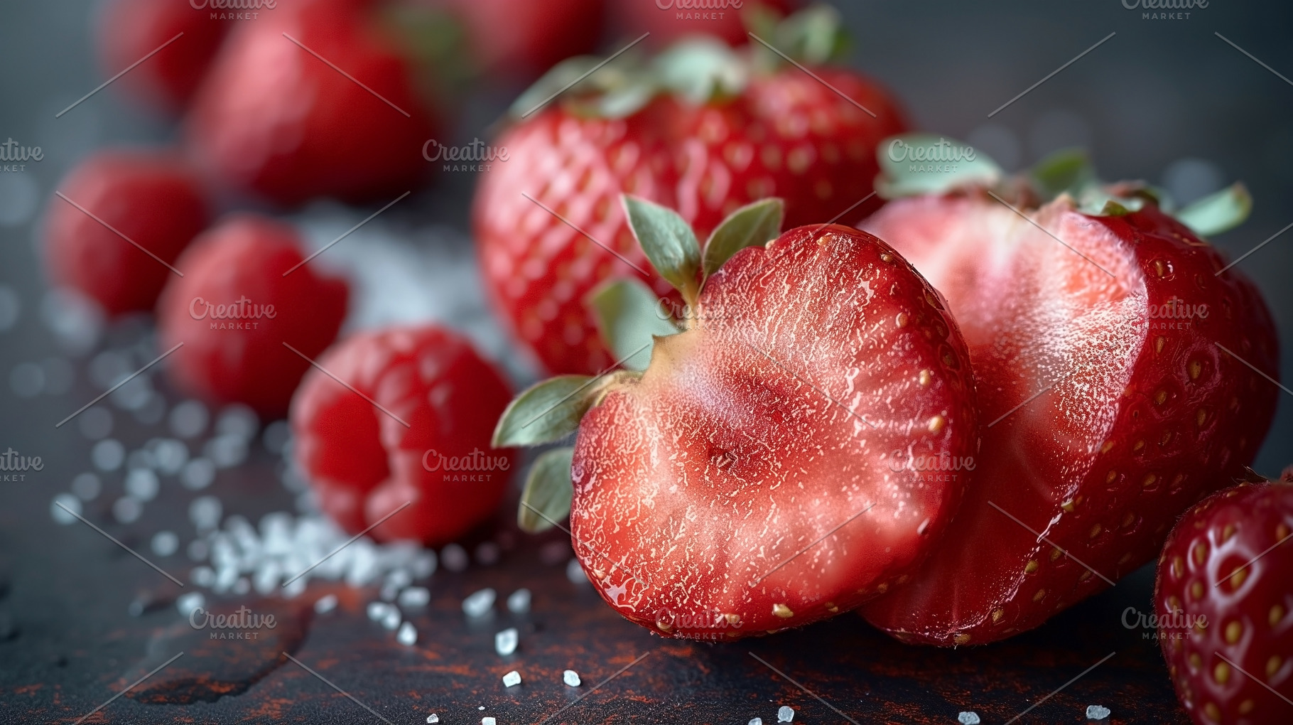 Fresh strawberries and raspberries sprinkled with sugar, showcas, a Food & Drink Photo by ImageMir