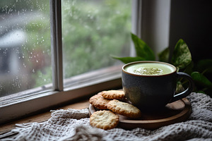 Warm cup of green tea with cookies o, a Photo by Tanuart