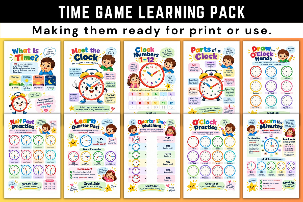 Time Game Learning Pack, a Stationery Template by Designmela01 (Photo 2 of 6)