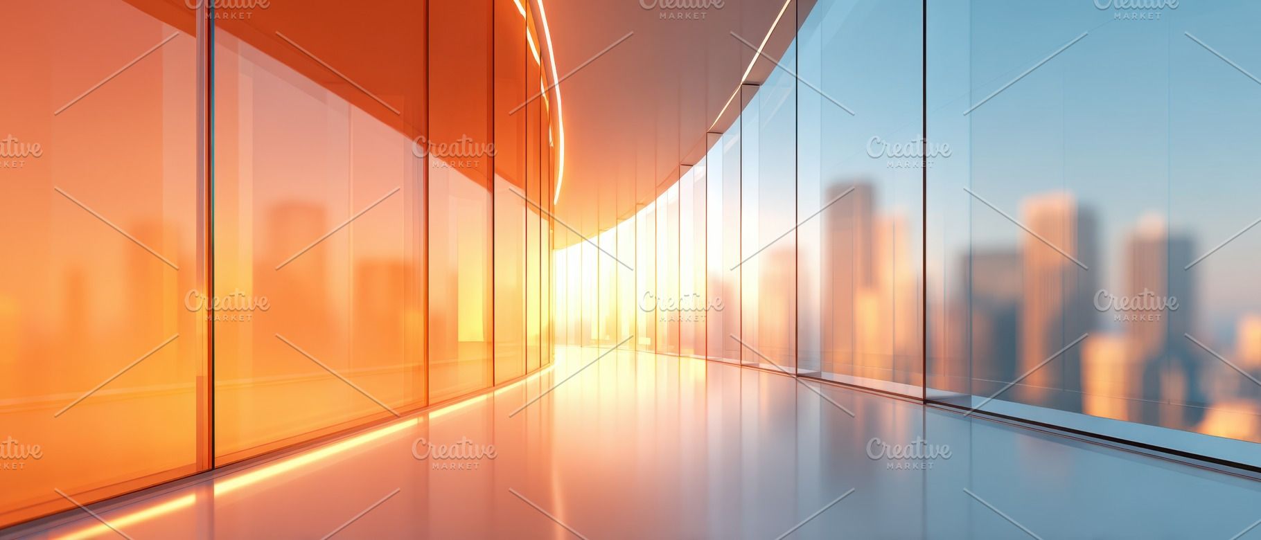 Modern interior with sunset reflections in glass, an Architecture Photo by AlyaAnd