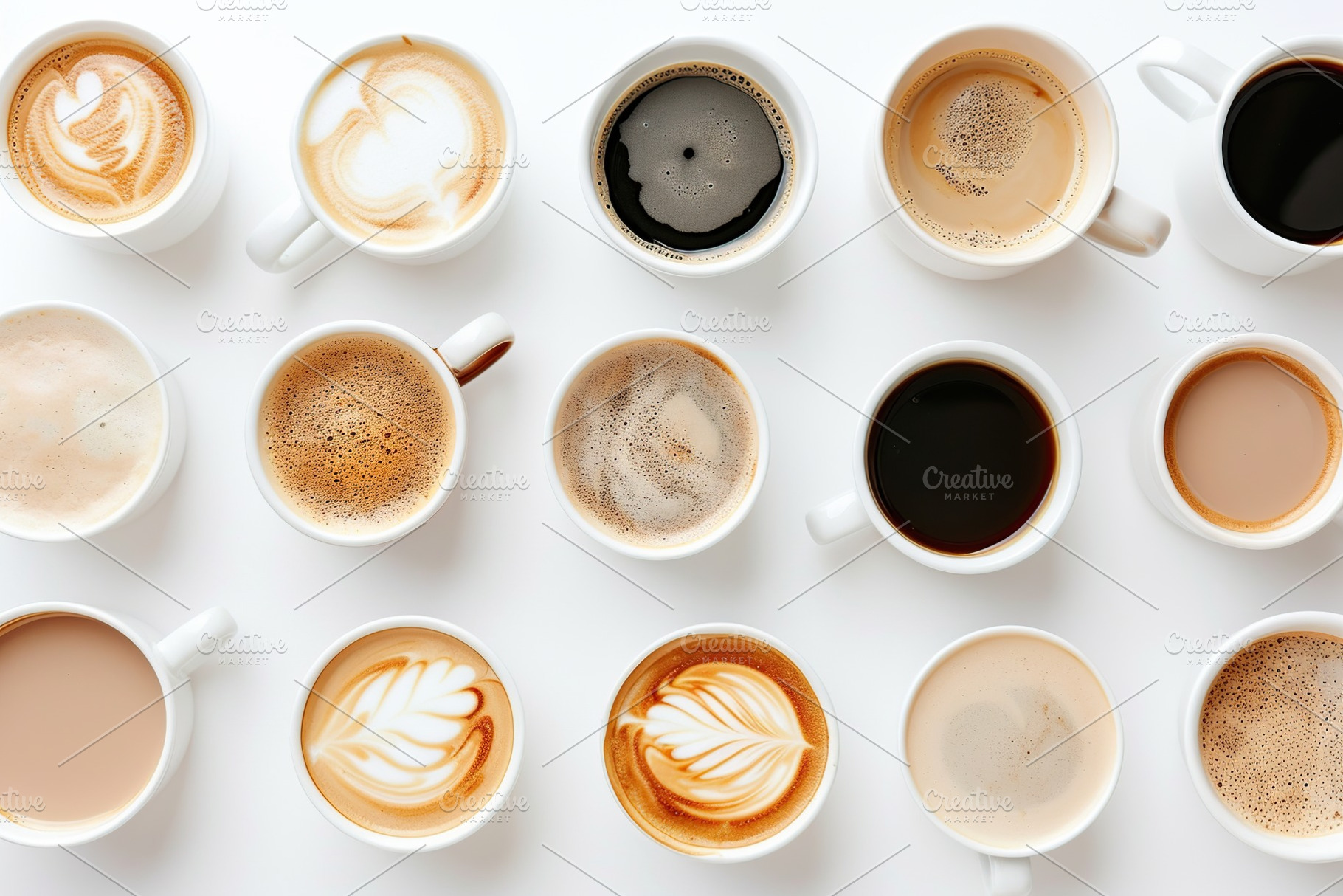 Flat lay of different cups of coffee on white background, a Food & Drink Photo by AlyaAnd