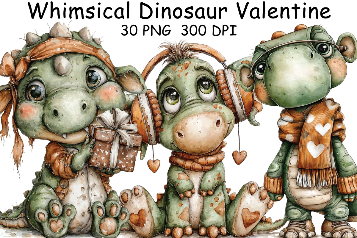 Whimsical Dinosaur Valentine Clipart, an Illustration by CraftArtStudio (Photo 1 of 6)