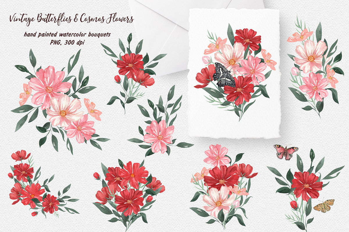 Vintage Butterflies & Cosmos Flowers, an Illustration by Catch the Dream Art (Photo 4 of 12)