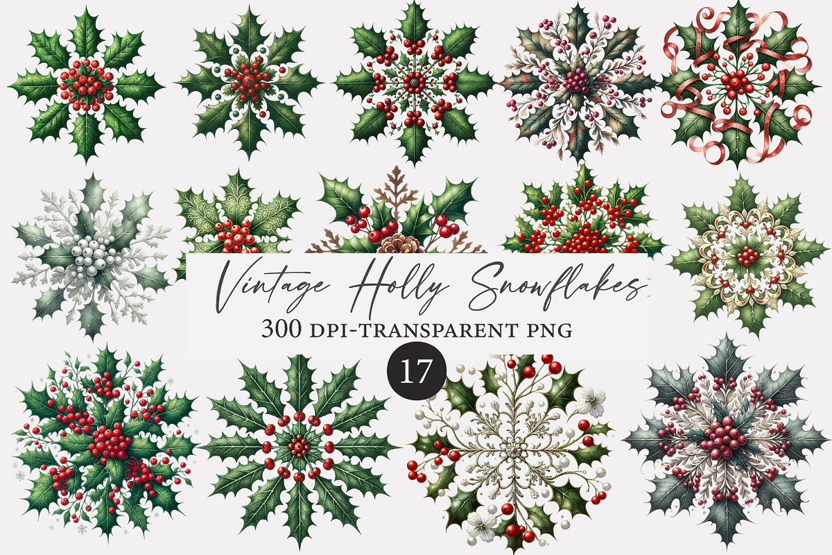 Vintage Holly Snowflakes Clipart, an Illustration by Designworld (Photo 1 of 4)