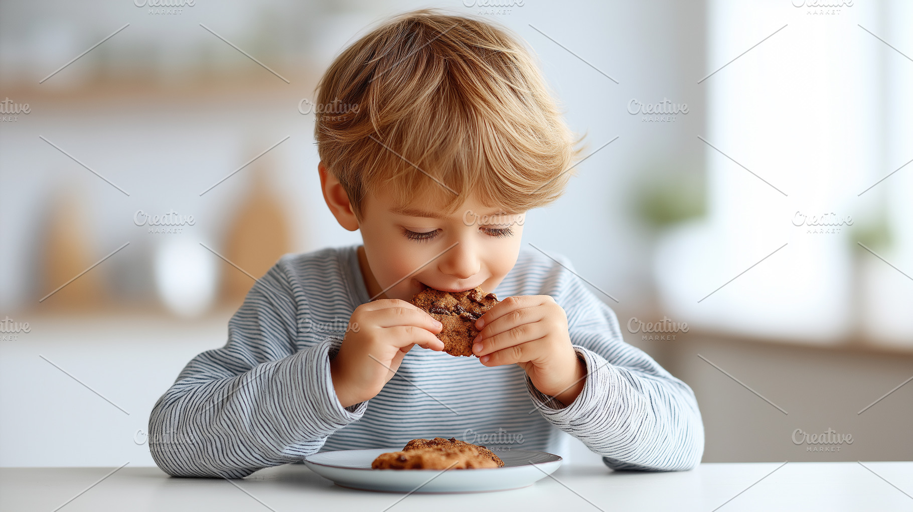 Young boy enjoys delicious cookie, a Food & Drink Photo by MistyDay