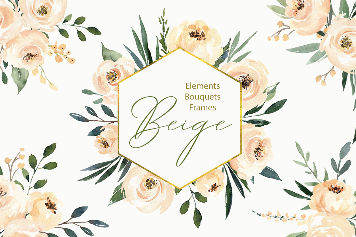 Watercolor Beige Flowers & Leaves, a Decorative Illustration by GraphicsDish (Photo 1 of 5)