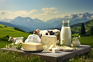 Fresh dairy products on landscape with green grass, a Food & Drink Photo by AlyaAnd