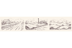 Hand drawn farm landscapes, sketch, an Illustration by art PVP - market