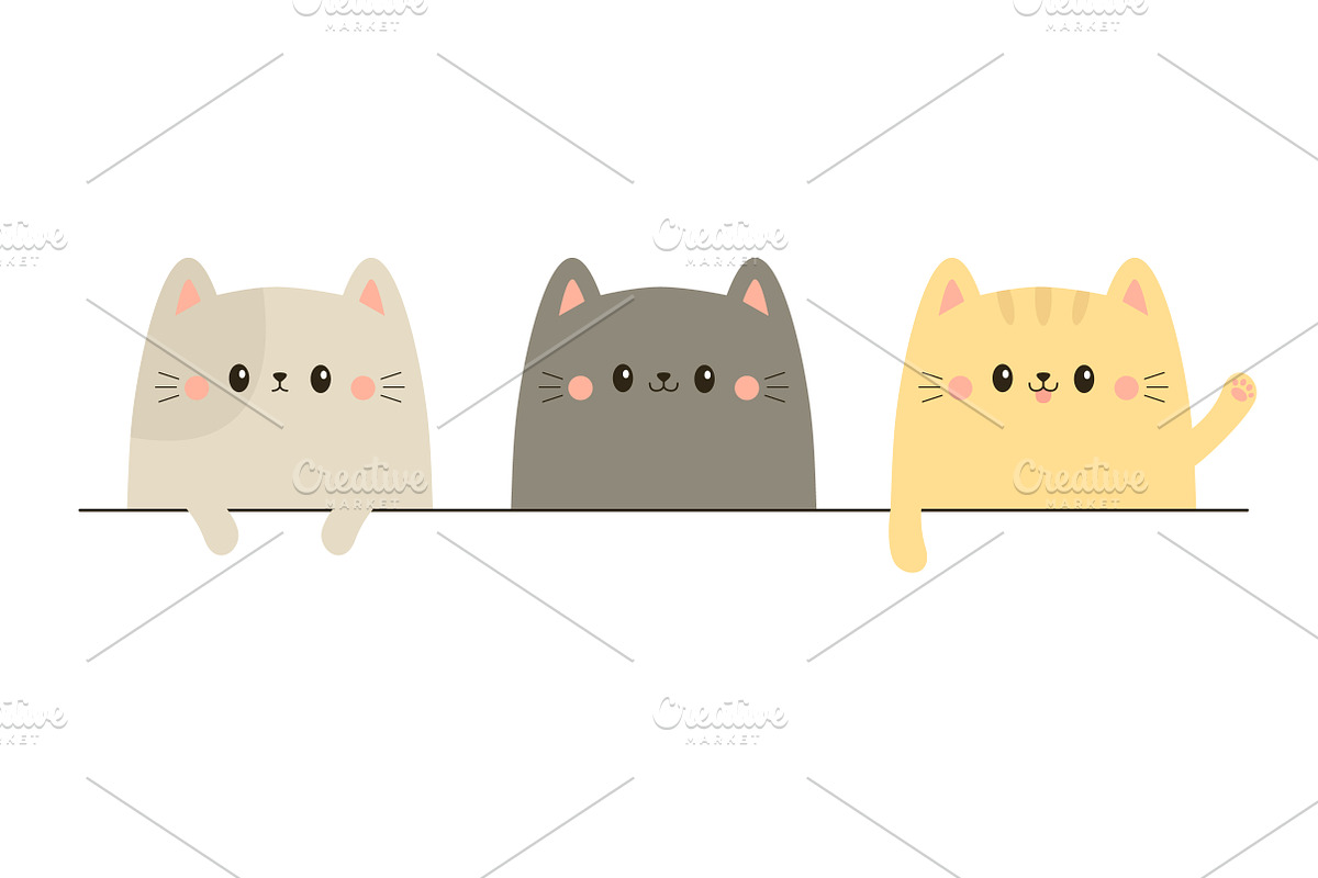 Cute cat set hanging on white paper., an Animal Illustration by Worldofvector