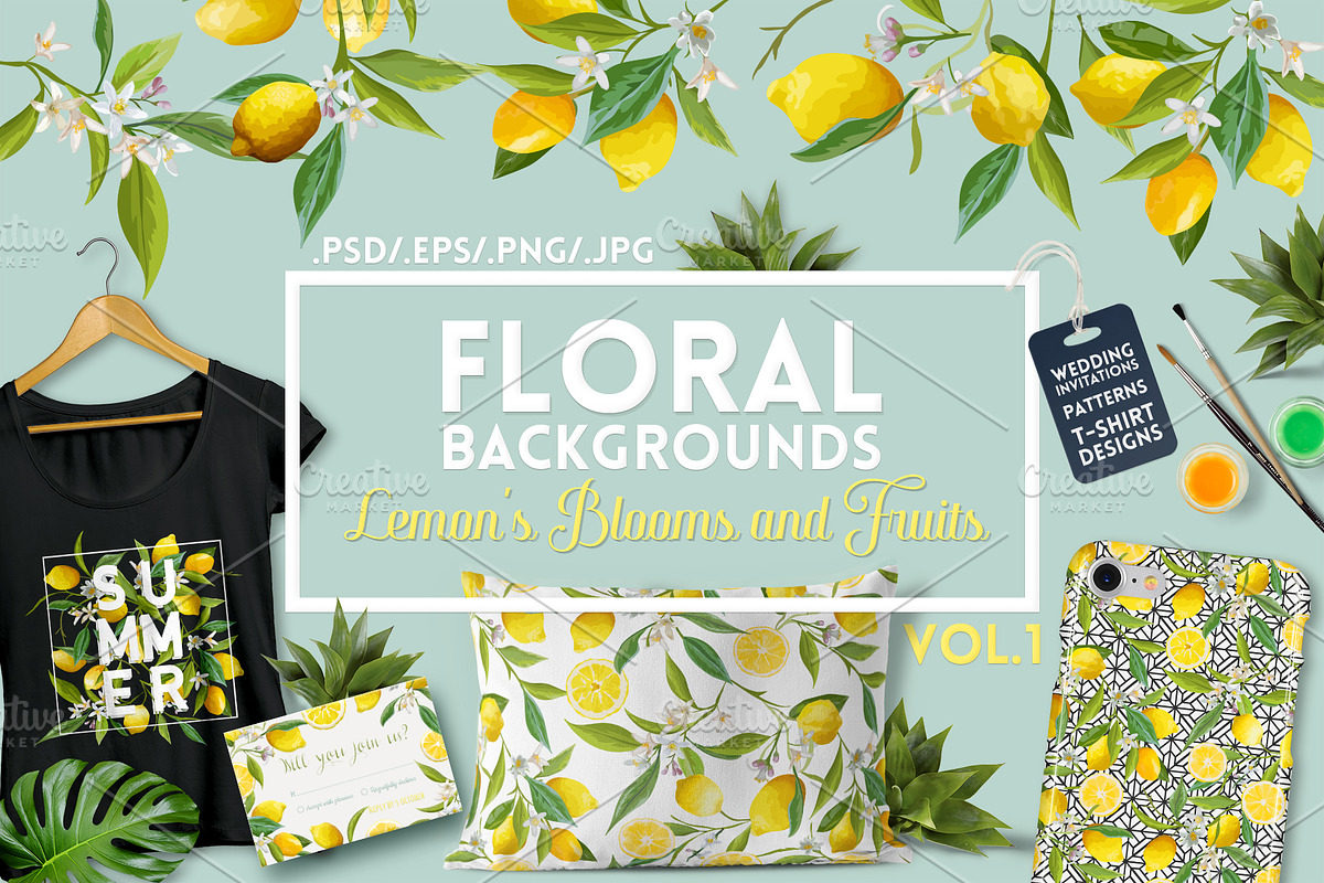 Watercolor Floral Design Set Lemons, an Illustration by Anna Studio (Photo 1 of 11)
