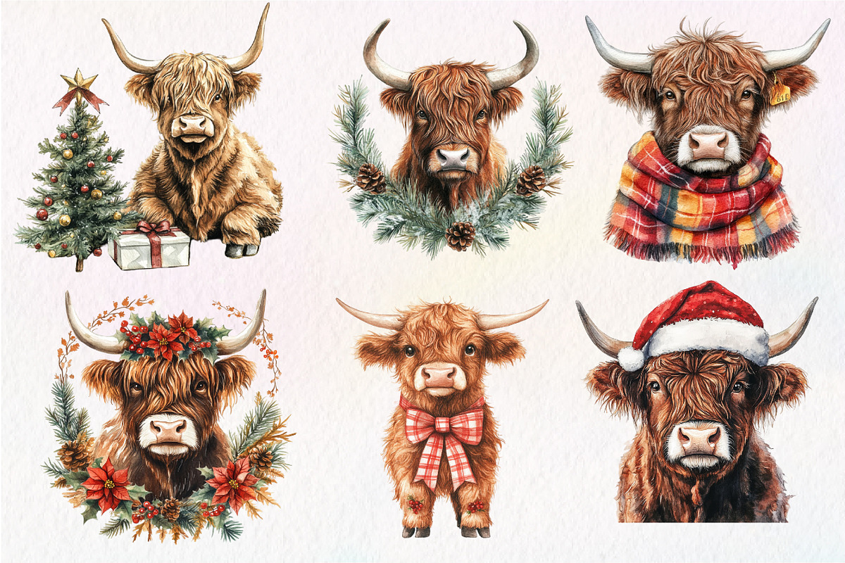 Christmas Highland Cow Clipart, an Illustration by Dream Creation (Photo 6 of 7)