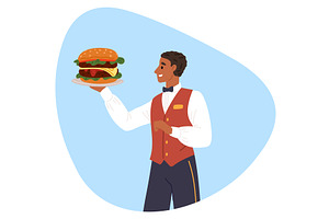 Waiter holding large burger on tray, a Food Illustration by Vectorbuum