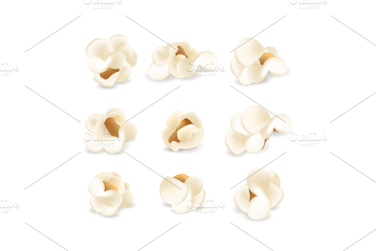 Realistic popcorn set. Collection of white fluffy popcorn elements or ...