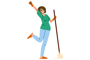 Happy cleaning lady dancing and, a Person Illustration by pikepicture