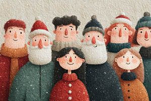 Group of happy illustrated people in winter clothes standing tog, a Holiday Photo by José Manuel Gelpi
