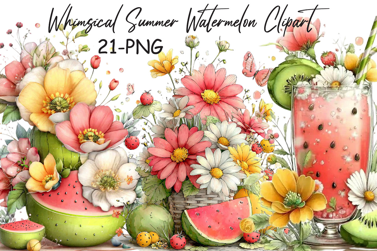 Whimsical Summer Watermelon Clipart, an Illustration by Libby Wishes (Photo 1 of 4)