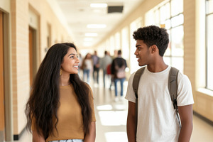 College students in urban setting, indian or latin american woma, a Photo by Dvoevnore photos