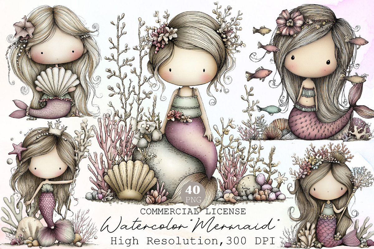 Watercolor Clip Art Mermaid, an Illustration by Sublimation Artist (Photo 1 of 6)