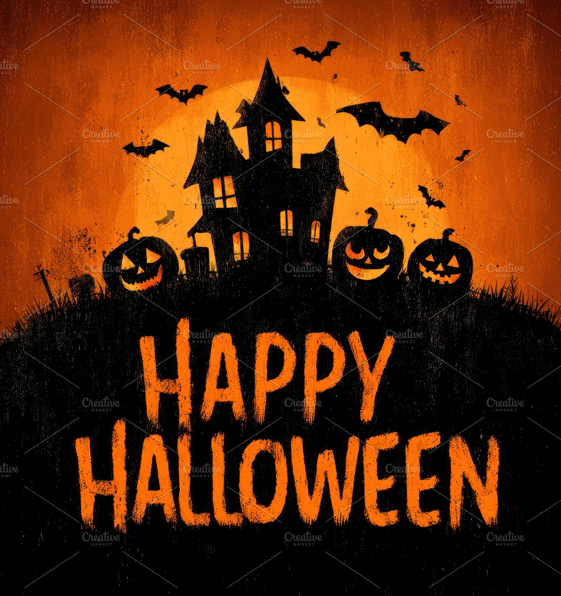 Dark Halloween illustration with haunted house, creepy pumpkins,, a Holiday Photo by José Manuel Gelpi