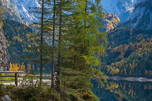 Peaceful autumn Alps mountain lake with clear transparent water, a Nature Photo by YuriyB