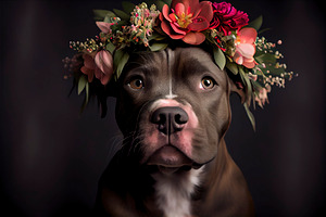 Adorable Pitbull With Natural Flower Crown On Her Head