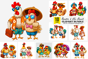 10 Rooster and Hen Beach PNG Bundle, an Illustration by Clipart Bloom