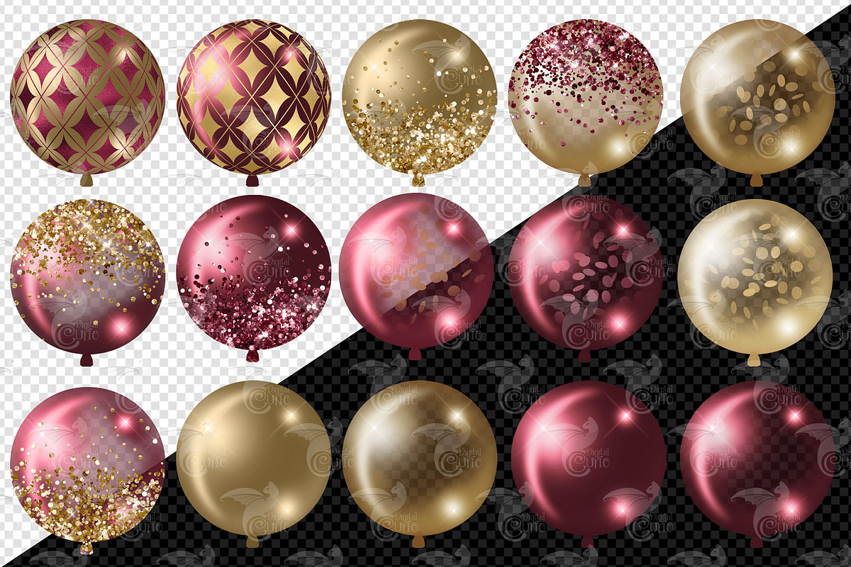 Burgundy and Gold Glam Balloons, an Illustration by Digital Curio