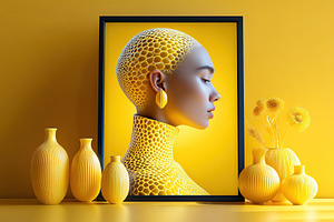 Art display of a woman with honeycomb skin on a bright yellow background, a Beauty & Fashion Photo by AlyaAnd