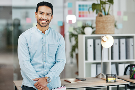 Happy, business and portrait of man in office for executive, confident and positive. Development, corporate and growth with male employee standing in agency for management, expert and director, a Photo by Peopleimages.com