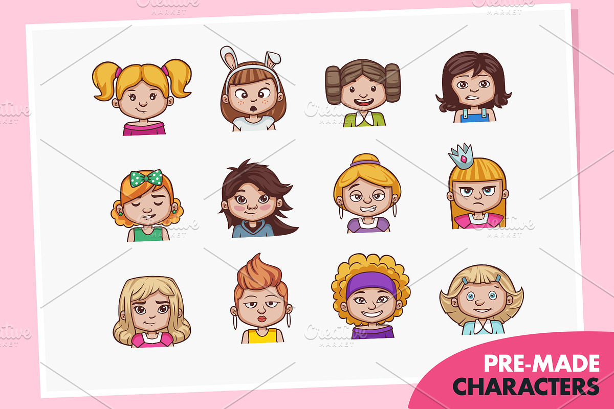 Cartoon Girl Avatar Creation Kit, a Person Illustration by wowu (Photo 2 of 8)