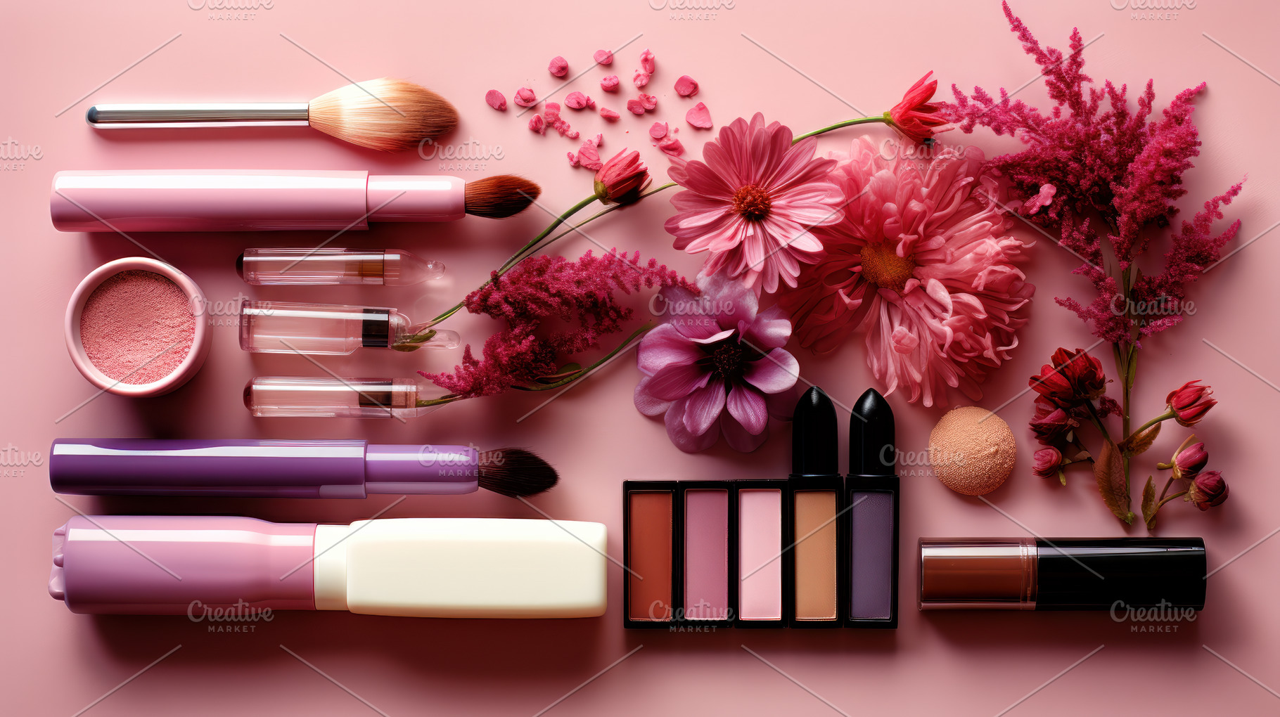 Set of beauty products on pink backg, a Beauty & Fashion Photo by Perpis