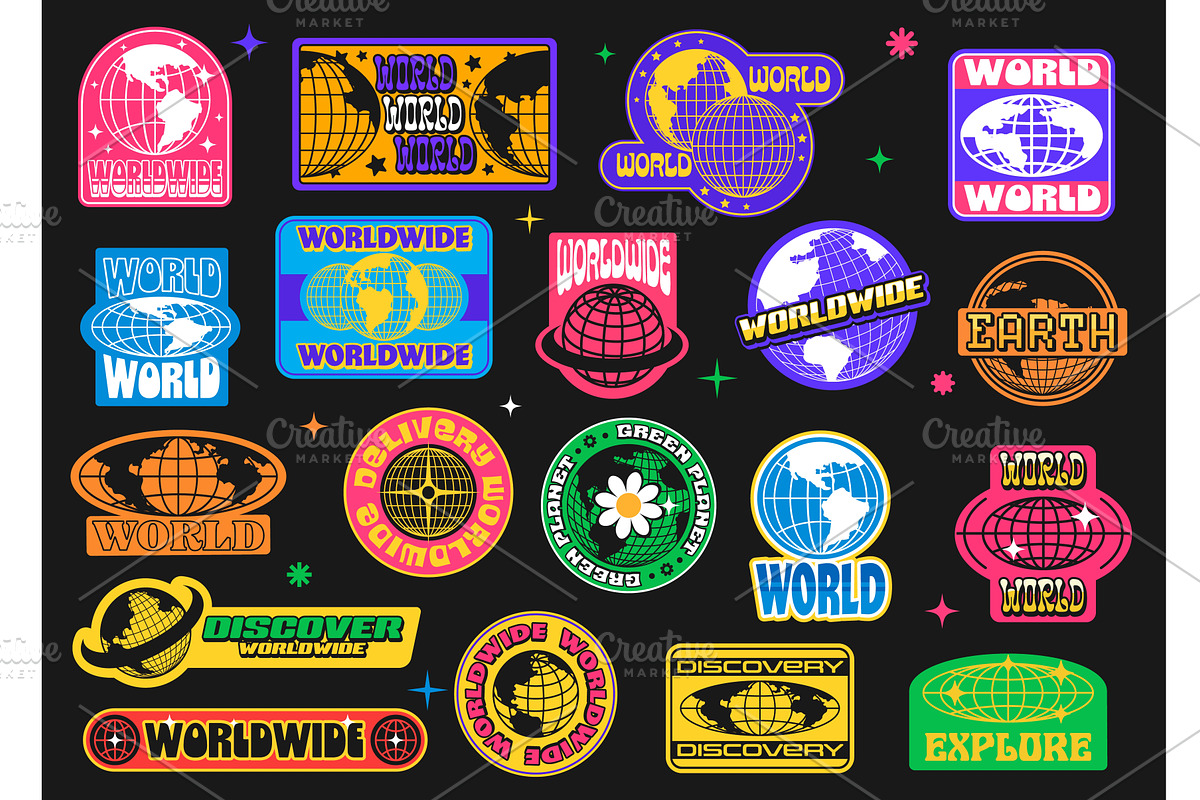 Earth globe y2k groovy stickers, an Object Illustration by Vector Tradition