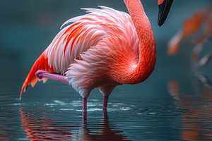 Striking pink flamingo standing on one leg in calm reflective wa, an Animal Photo by José Manuel Gelpi