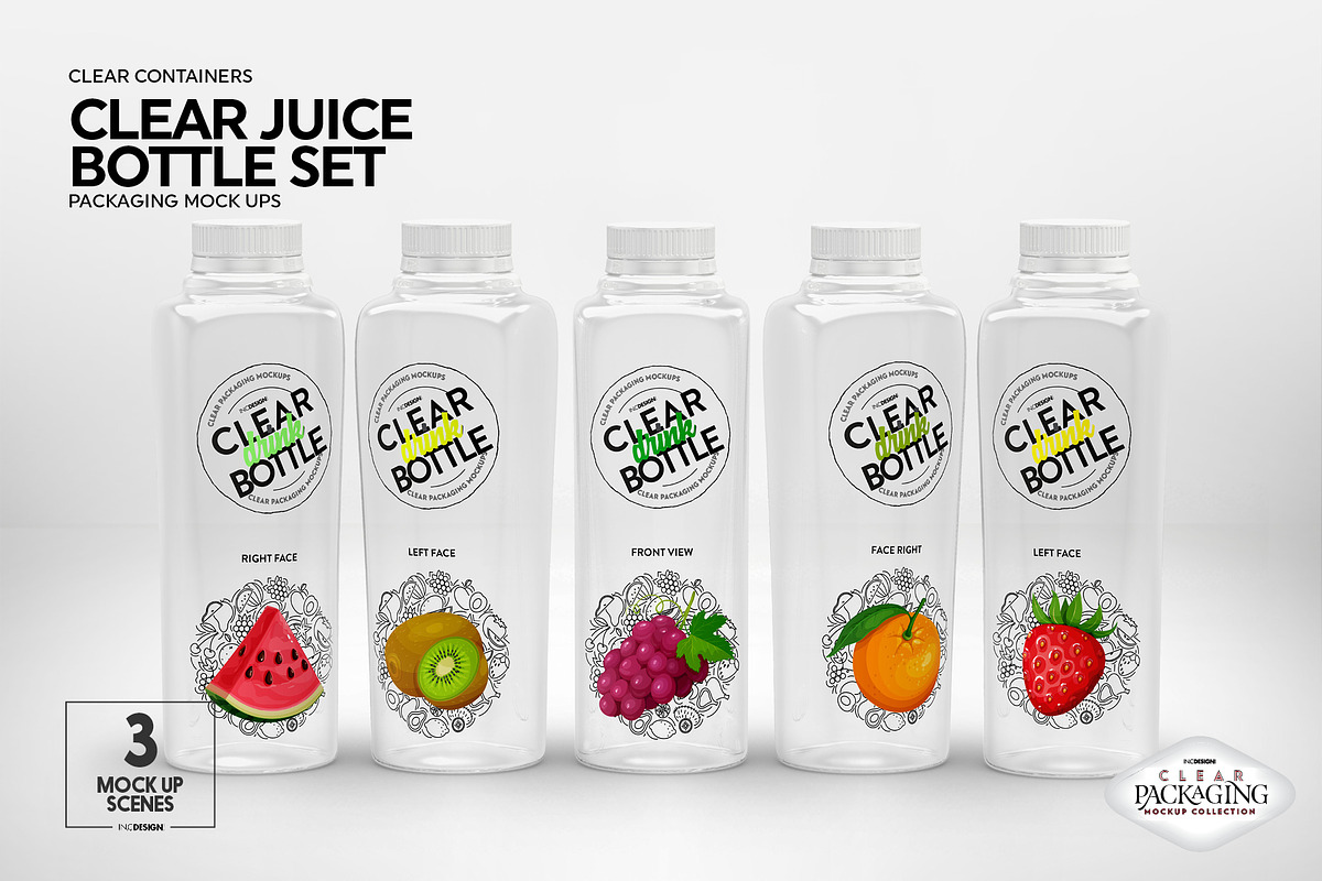 Clear Juice Bottle Sets Mockup, a Packaging Mockup by INCDesign (Photo 4 of 10)