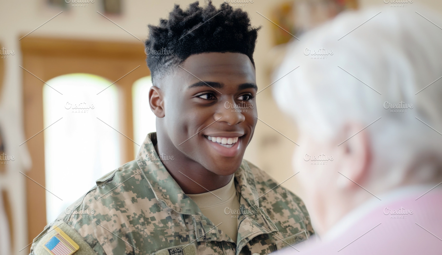 Young african american soldier smiling at elderly woman in cozy, a Photo by Dvoevnore photos
