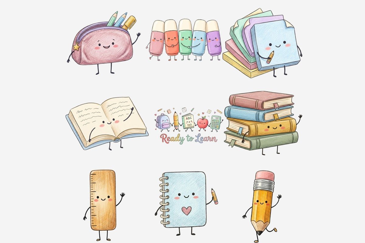 School Supply Besties Clipart Bundle, a Seasonal Illustration by Tanya Kart (Photo 7 of 10)
