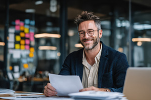 Happy businessman reviewing document, a Photo by Pixeness Studio