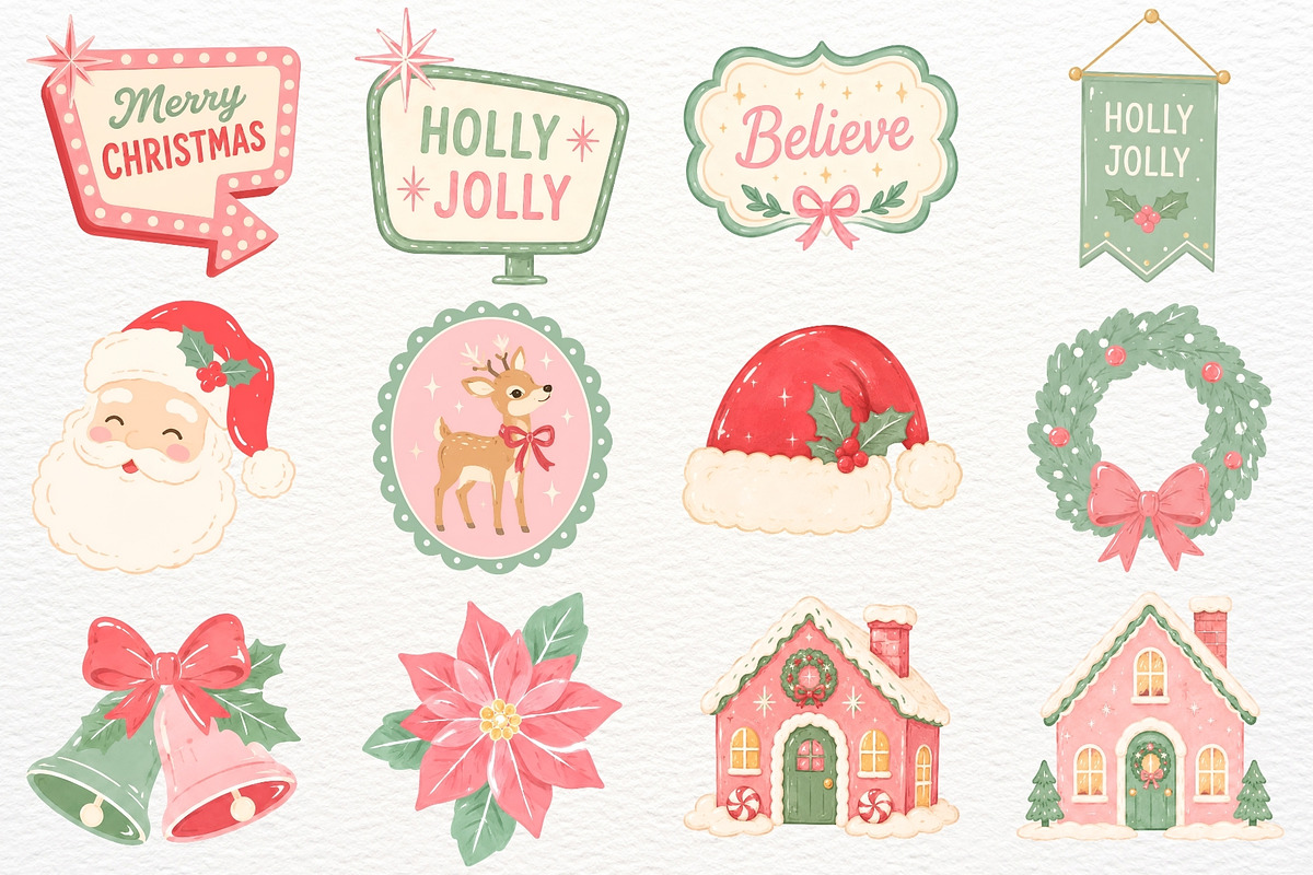 Retro Christmas Clipart Holiday PNG, a Seasonal Illustration by SugarCloudStudioArt (Photo 2 of 7)