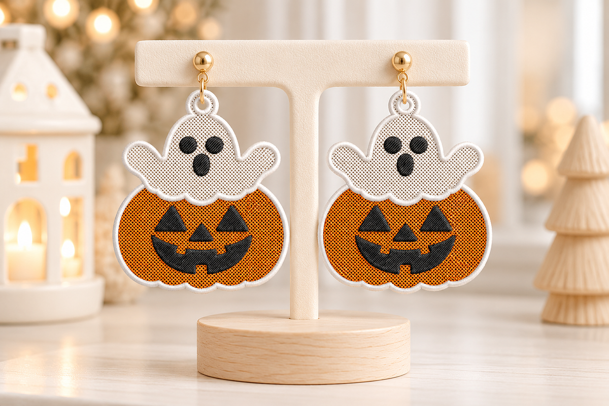 Ghost Pumpkin Earrings Embroidery, an Object Graphic by Craft Nest (Photo 4 of 4)