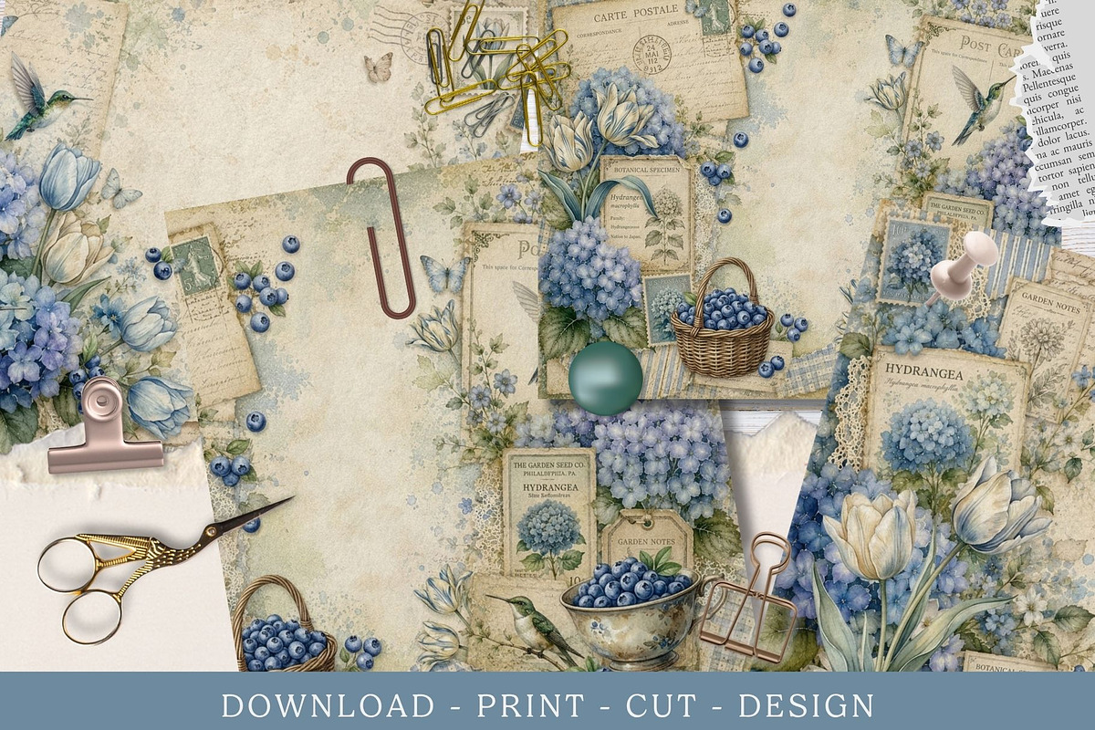 Vintage Hydrangea Junk Journal Kit, an Object Graphic by Traveling Designer (Photo 4 of 6)