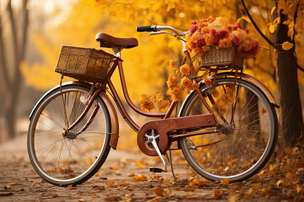 Retro bycicle with flowers in autumn park, a Transportation Photo by AlyaAnd