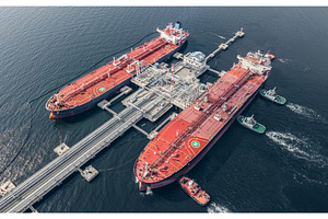 Aerial view of oil tankers in port