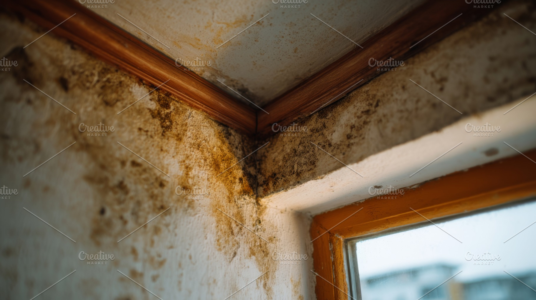 A close-up view of mold growth in a corner of a room, highlighting the damage a, a Person Photo by ImageMir