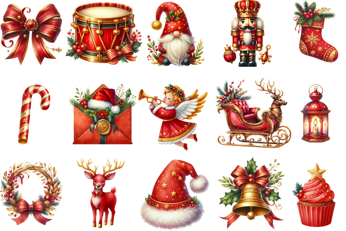 Red Gold Christmas Clipart Bundle, an Illustration by Designking (Photo 2 of 5)