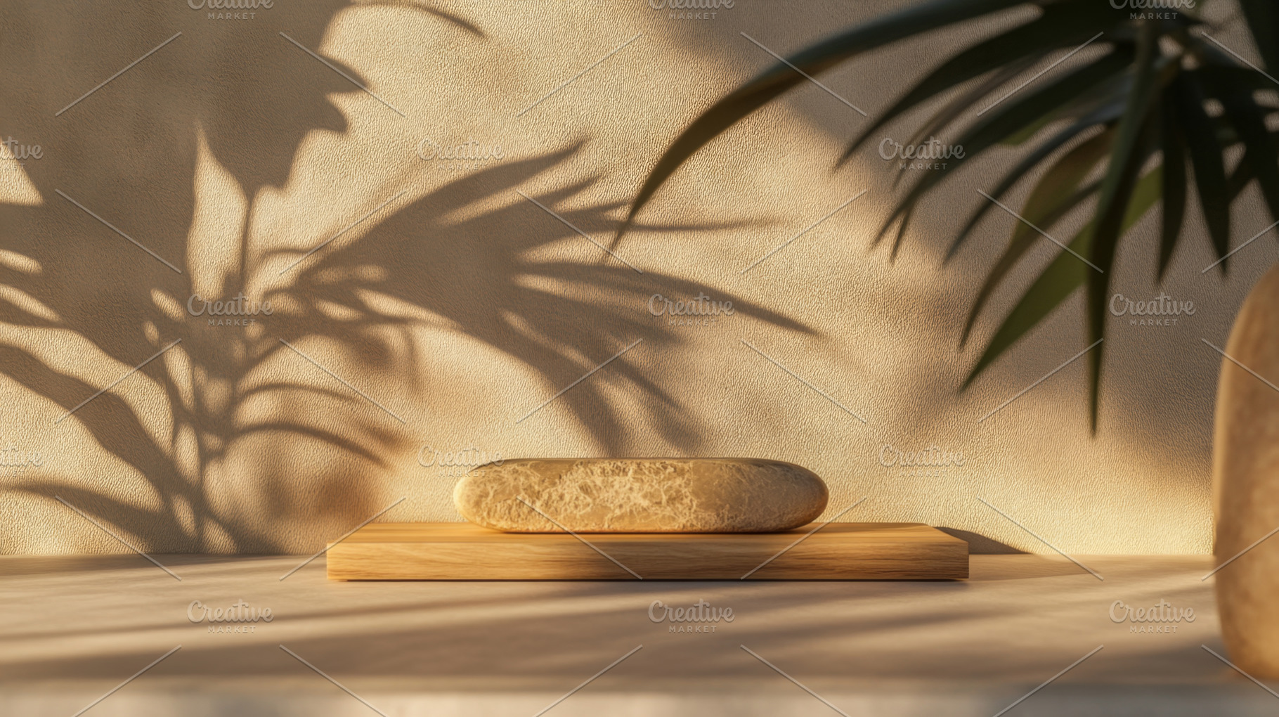 Wooden Display Pedestal with Leaf Shadows, an Abstract Photo by Natalia Klenova's Shop