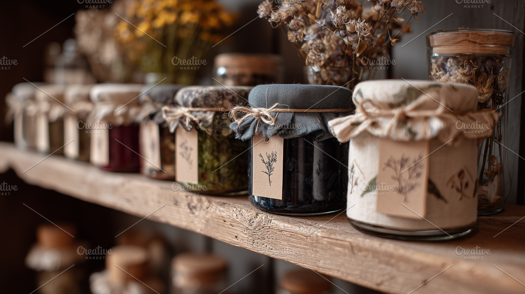 Rustic wooden shelf displays wrapped, a Food & Drink Photo by MistyDay